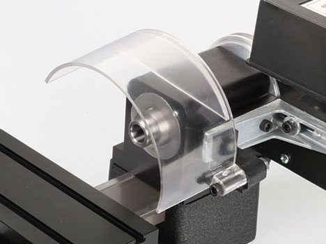 Shows the chip guard installed on a lathe