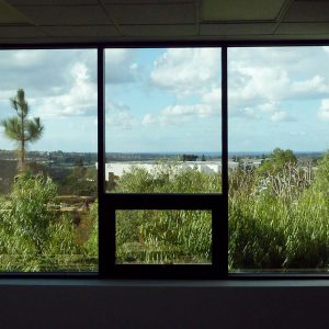 The view west from the second floor offices. The Pacific Ocean can be seen on the horizon.